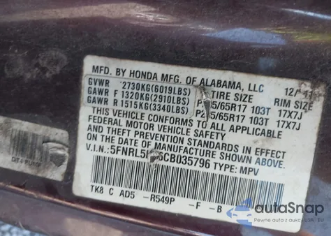 2012 Honda Odyssey Ex-L z USA, uszkodzony, nr VIN 5FNRL5H66CB035796